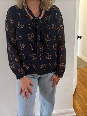 Women's Navy Floral Tie-Neck Blouse